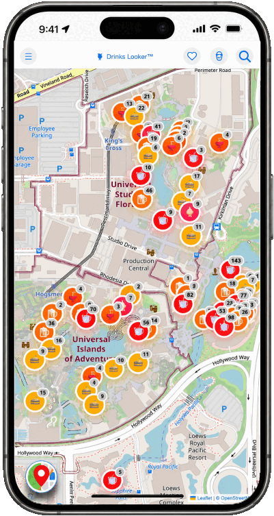 DrinksLooker application showing nearby drinks on a map