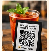Drink beside a DrinksLooker QR menu sign