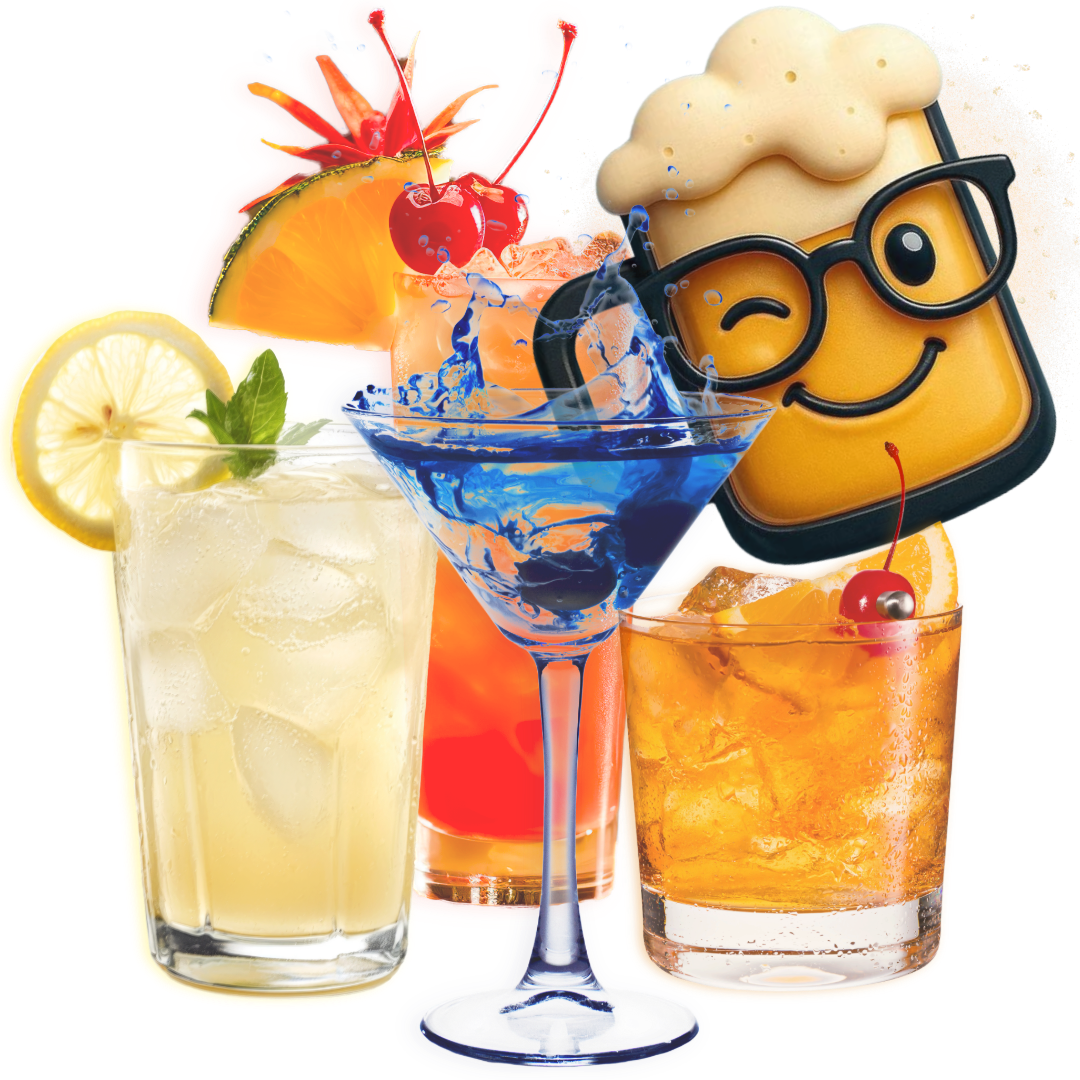 DrinksLooker mascot surrounded by colorful drinks